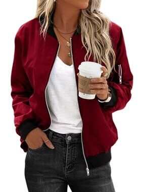 Women's Bomber Jacket Lightweight Jacket Zip Up Coat Casual Bomber Jacket Red